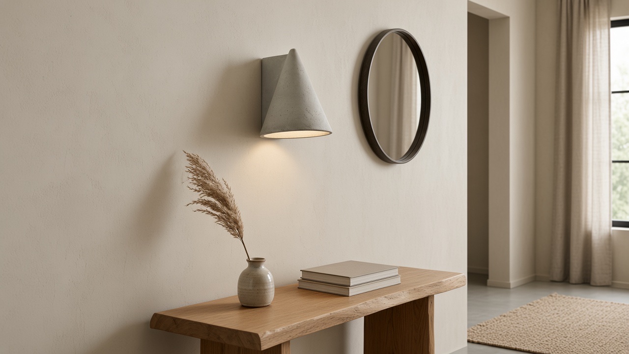 Grijze betonnen kegelwandlamp boven een eiken console