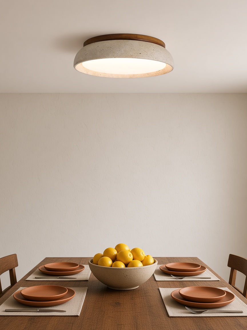 Un plafón de travertino sobre una mesa de comedor
