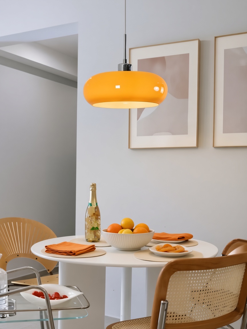 Orange Pendelleuchte über dem Esstisch