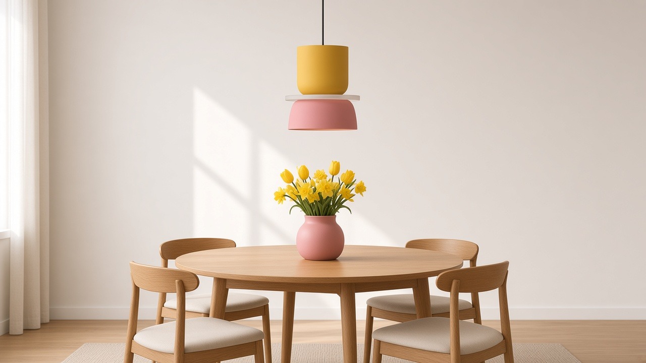 Pendente Macaron amarelo e rosa claro sobre uma mesa de jantar