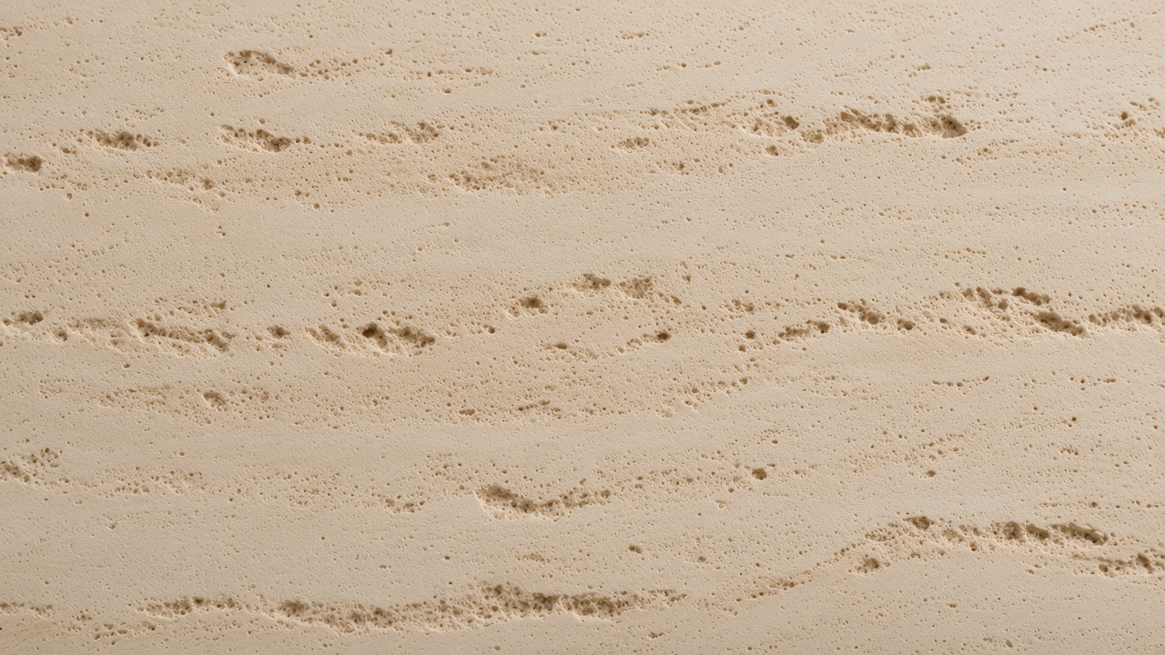 Poros abstractos de travertino beige y veta mineral cálida