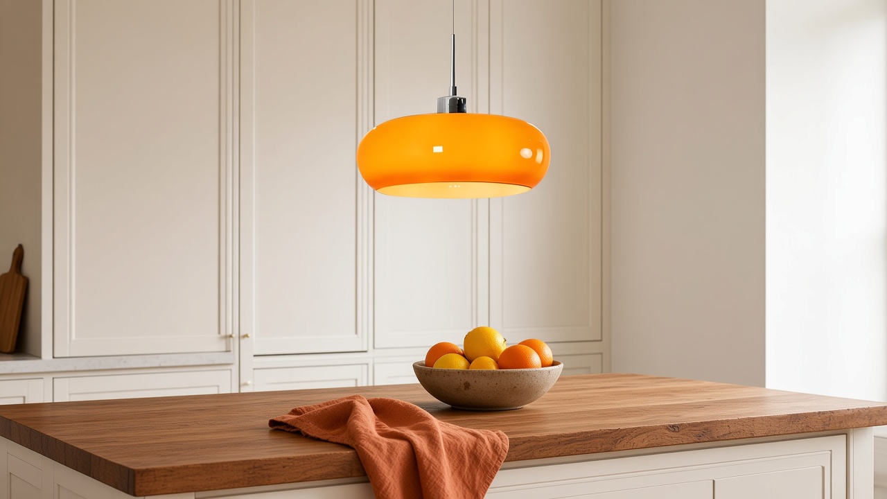 Orange Pendelleuchte über der Kücheninsel