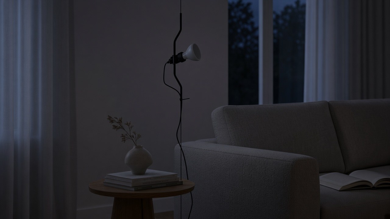 Black cable lamp off beside a sofa, reflector bulb dark