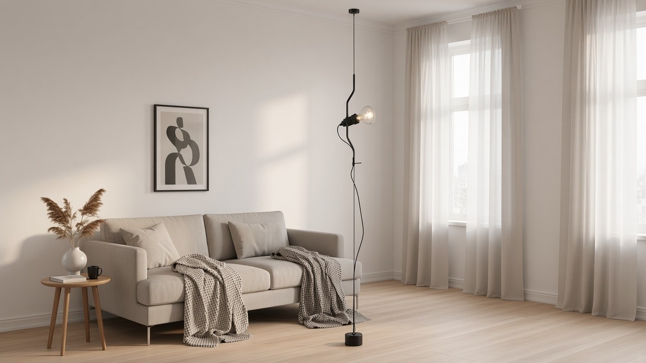 Black floor-to-ceiling cable lamp beside a light-gray sofa