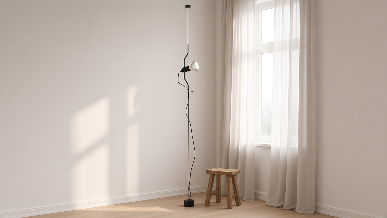 Black cable lamp by a living-room window