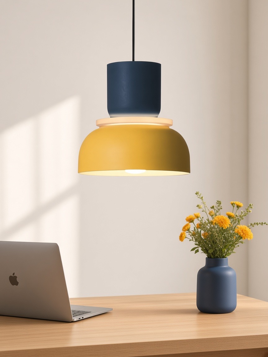 Pendente Macaron azul-marinho e amarelo sobre uma mesa