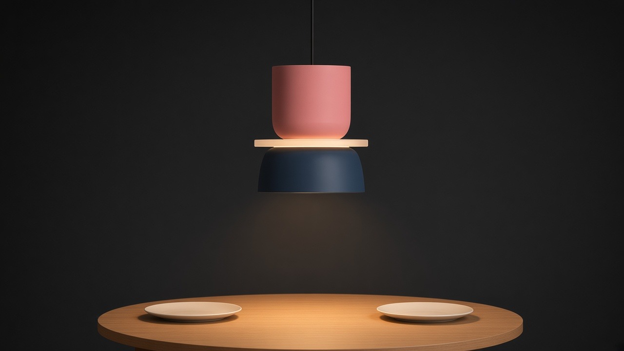 Luminária pendente Macaron rosa e azul-marinho sobre uma mesa de jantar.