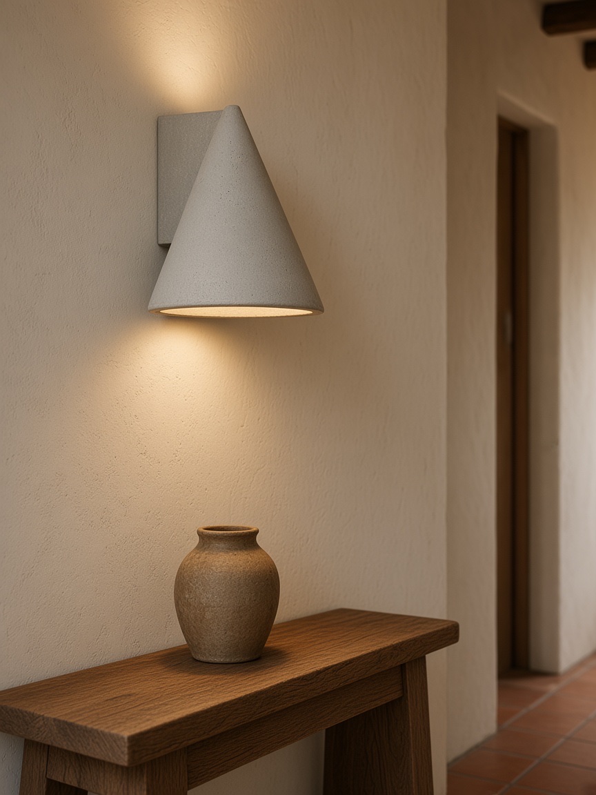 Grijze betonnen kegelwandlamp in een gang
