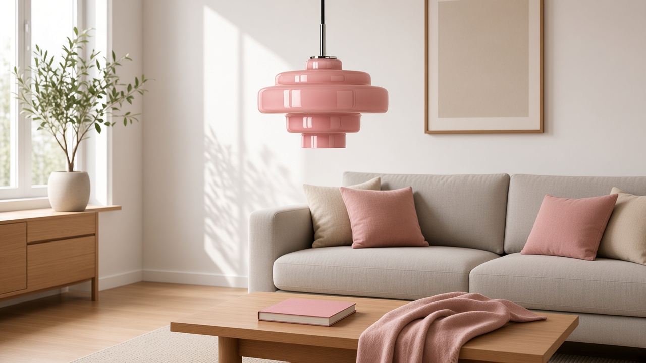 Lámpara de cristal rosa sobre el sofá