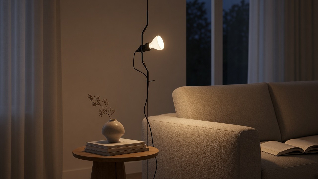 Black cable lamp lit beside a sofa, warm light from the exposed bulb