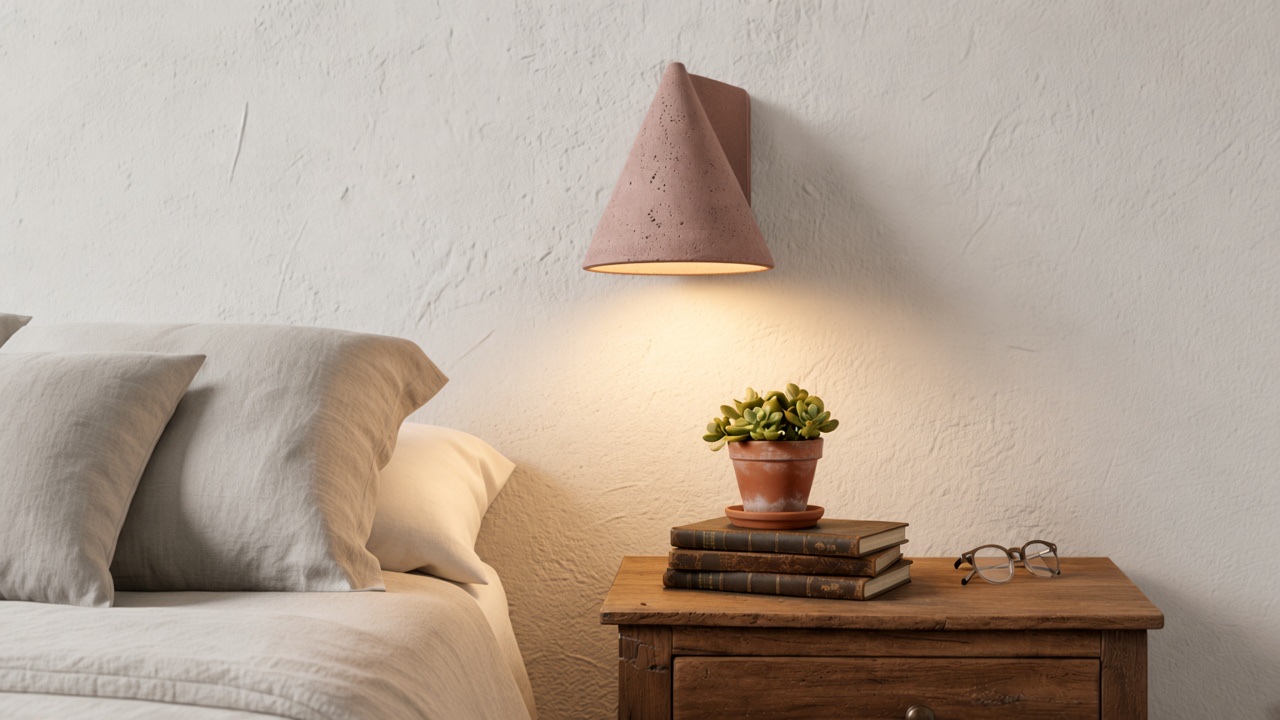 Baksteenrode betonnen kegelwandlamp aan, warm licht uit de mond