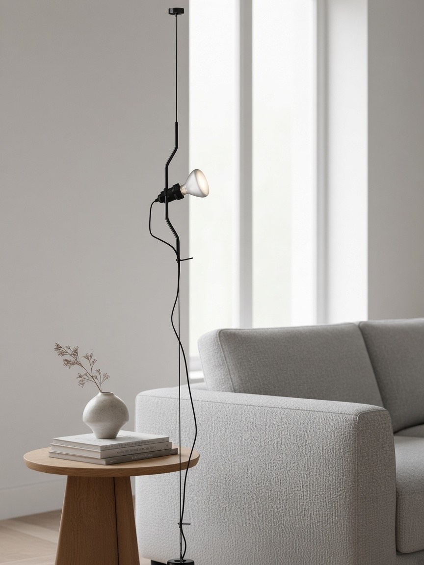 Black cable lamp beside a sofa and oak side table