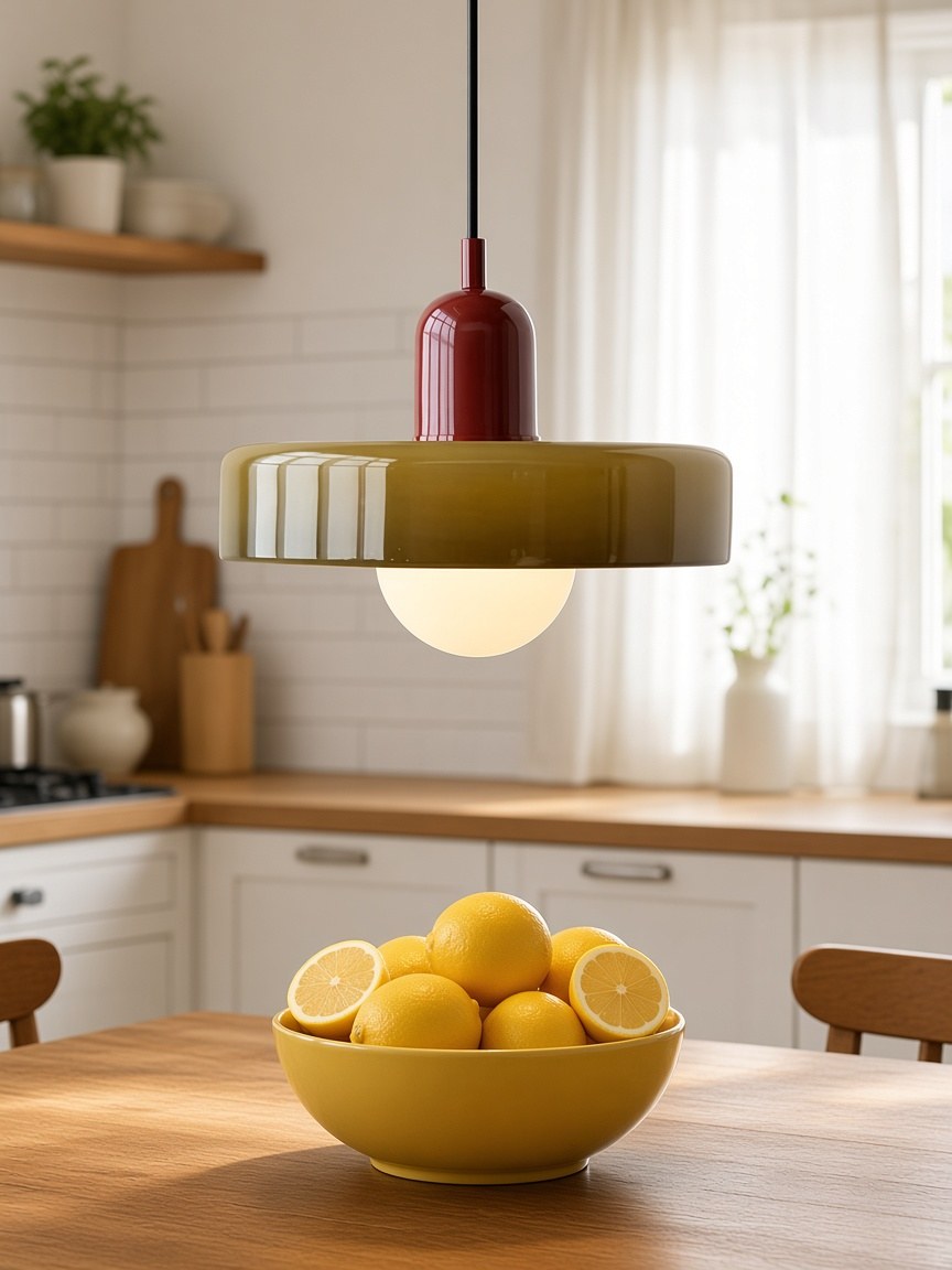 Un ciondolo a disco giallo-rosso sopra un tavolo da cucina con limoni