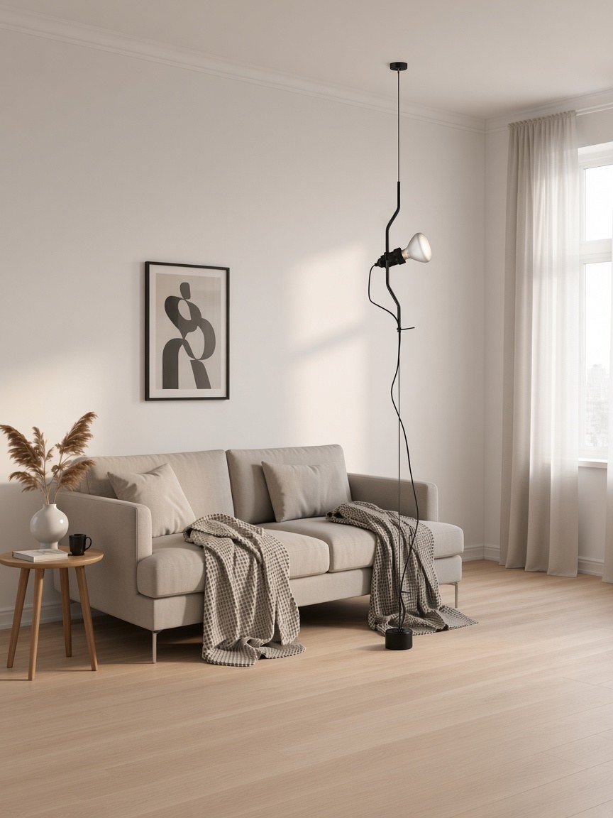 Black cable lamp in a living-room corner beside a sofa