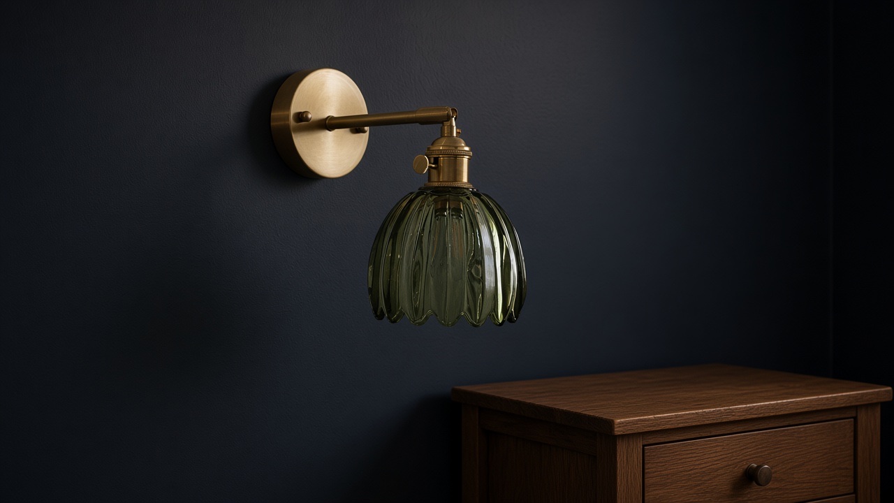 Lámpara de pared con forma de tulipán verde apagada, interior de cristal oscuro.