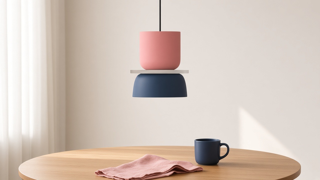 Luminária pendente Macaron rosa e azul-marinho sobre uma mesa de jantar.