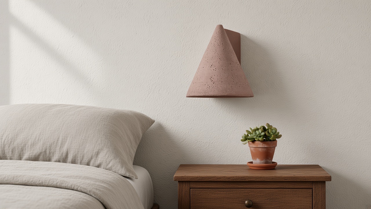 Baksteenrode conische betonnen wandlamp boven een nachtkastje van walnoot