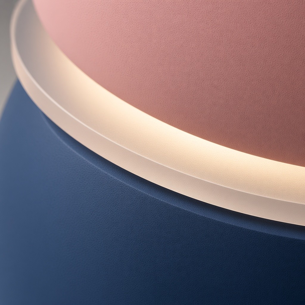 Detalhe do anel de acrílico fosco entre as tigelas rosa e azul-marinho.