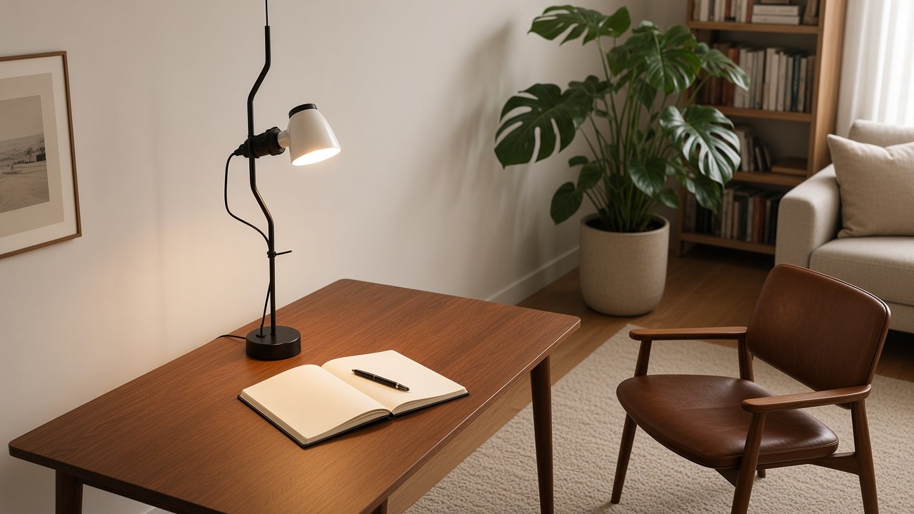 Black cable lamp aimed at a walnut desk