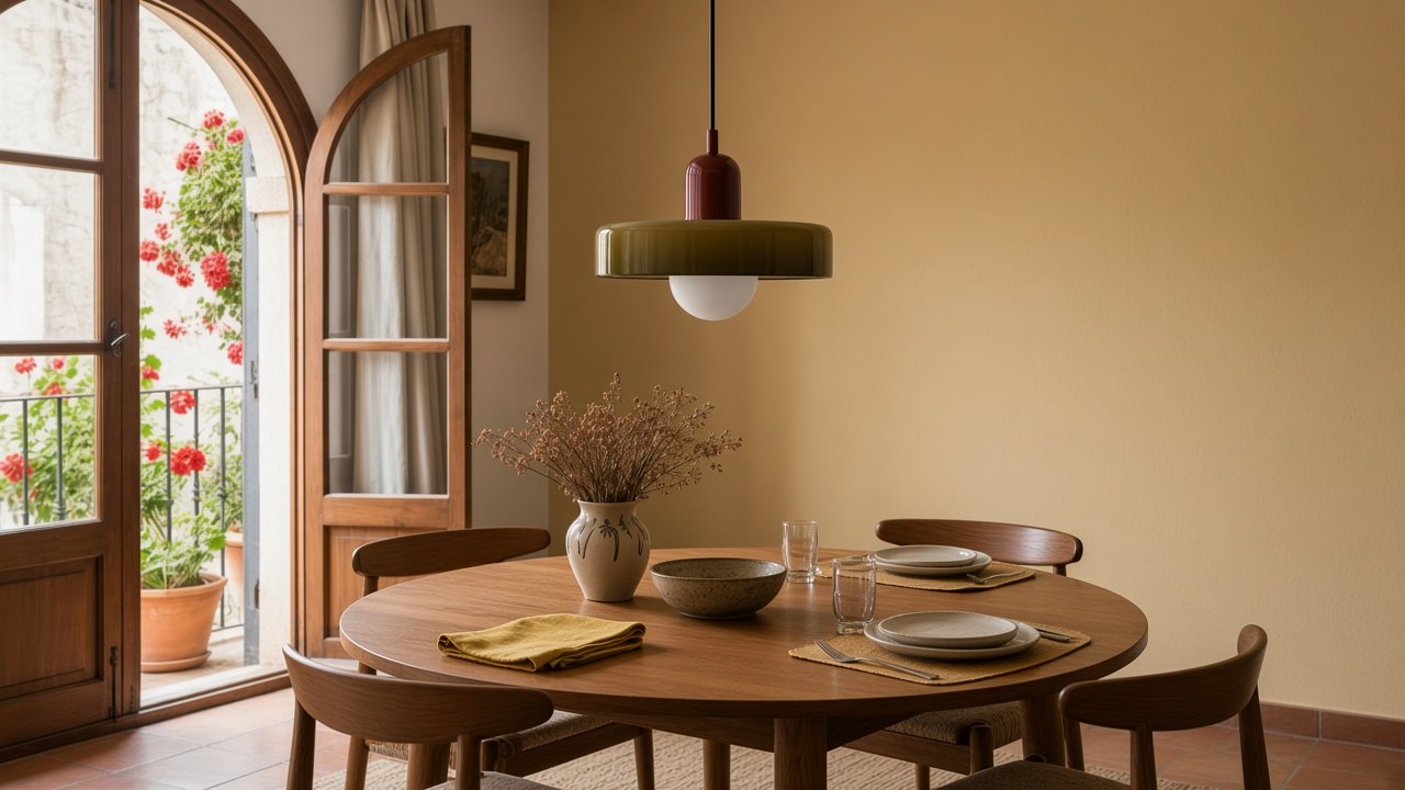 Lampadario a sospensione con disco in vetro giallo e cappuccio rosso sopra un tavolo da pranzo rotondo in rovere.