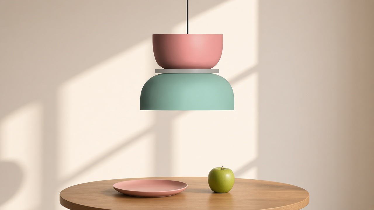 Pendente Macaron rosa e verde claro sobre uma mesa de café