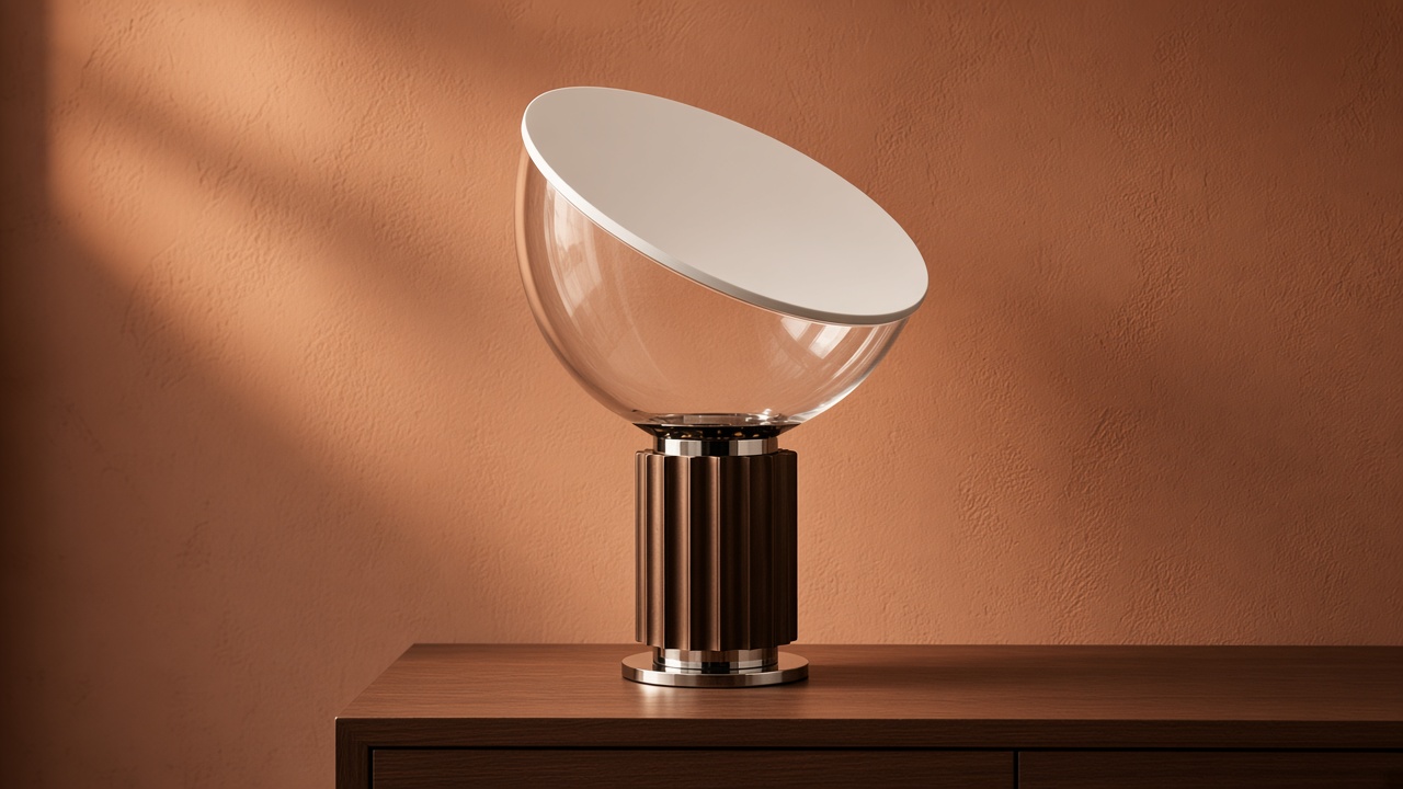 Eine bronzefarbene Glasschalen-Tischleuchte auf einem Nussbaum-Sideboard