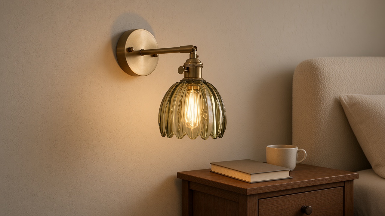 Lámpara de pared con forma de tulipán verde, luz cálida que se filtra a través del cristal estriado.