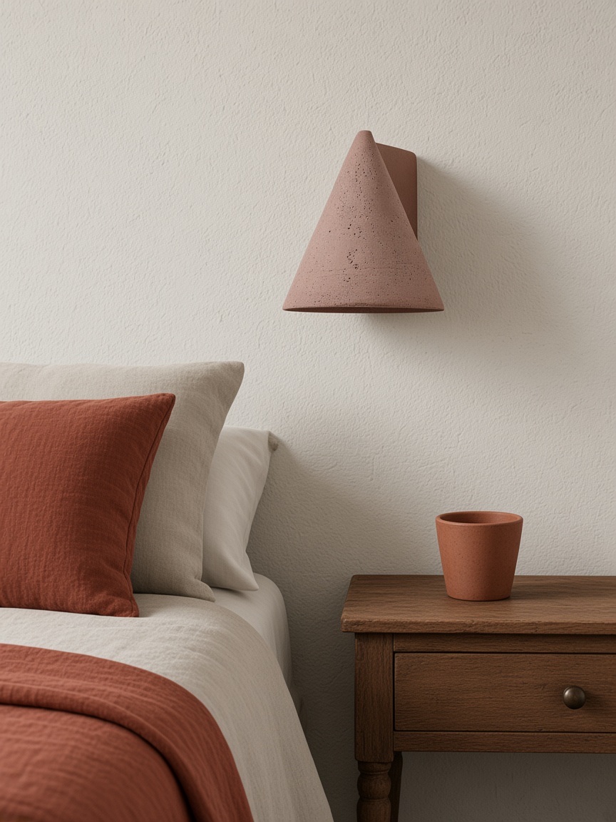 Baksteenrode betonnen kegelwandlamp boven een linnen bed