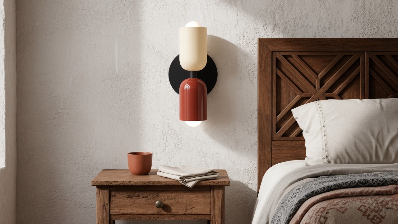 Morandi dual-capsule wall sconce above a bedside table