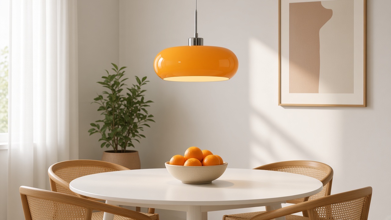 Orange Glaspendelleuchte über einem Esstisch