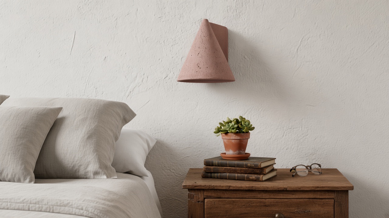 Baksteenrode betonnen kegelwandlamp uit, donkere mond