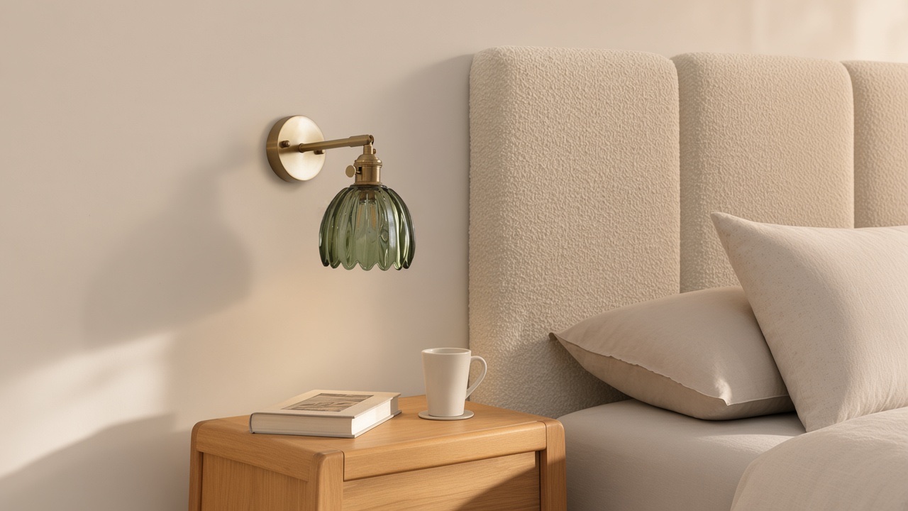 Lámpara de pared con forma de tulipán de cristal acanalado verde salvia junto a una cama color crema.