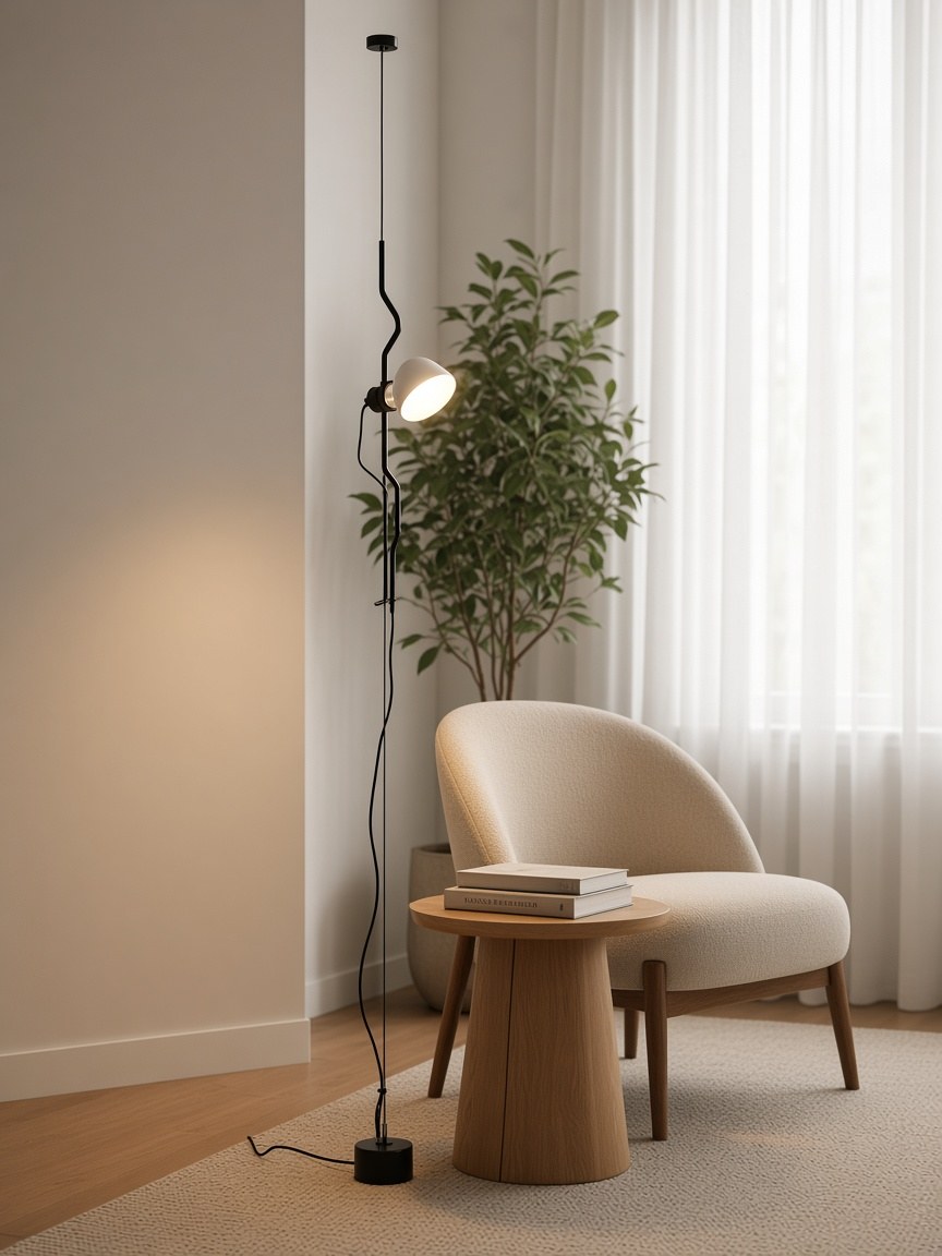 Black cable lamp aimed at a reading chair