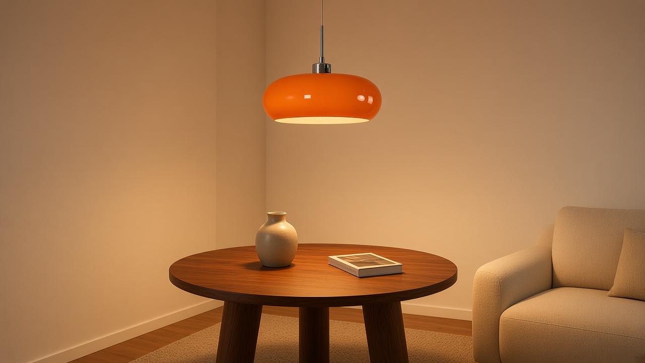 Gebrannt-orange Leuchte über Nussbaum