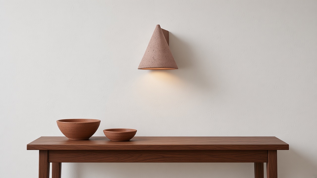 Baksteenrode betonnen kegelwandlamp boven terracotta kommen