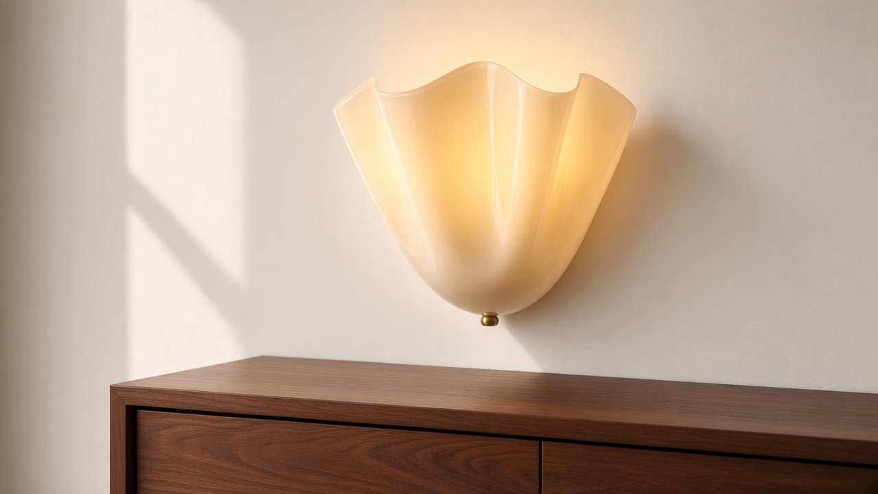 Aplique de cristal beige translúcido encendido, luz a través del vidrio