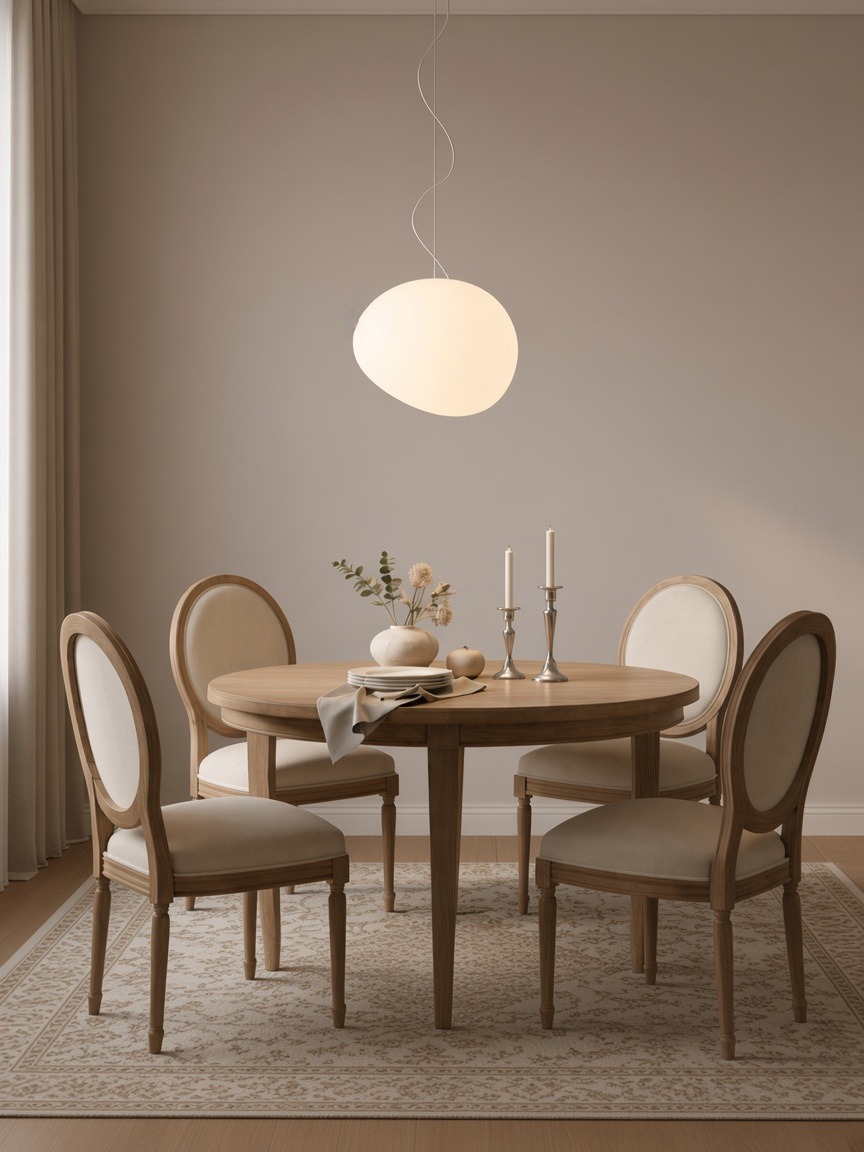 Un colgante de guijarro blanco de 31 cm sobre una mesa de comedor redonda.