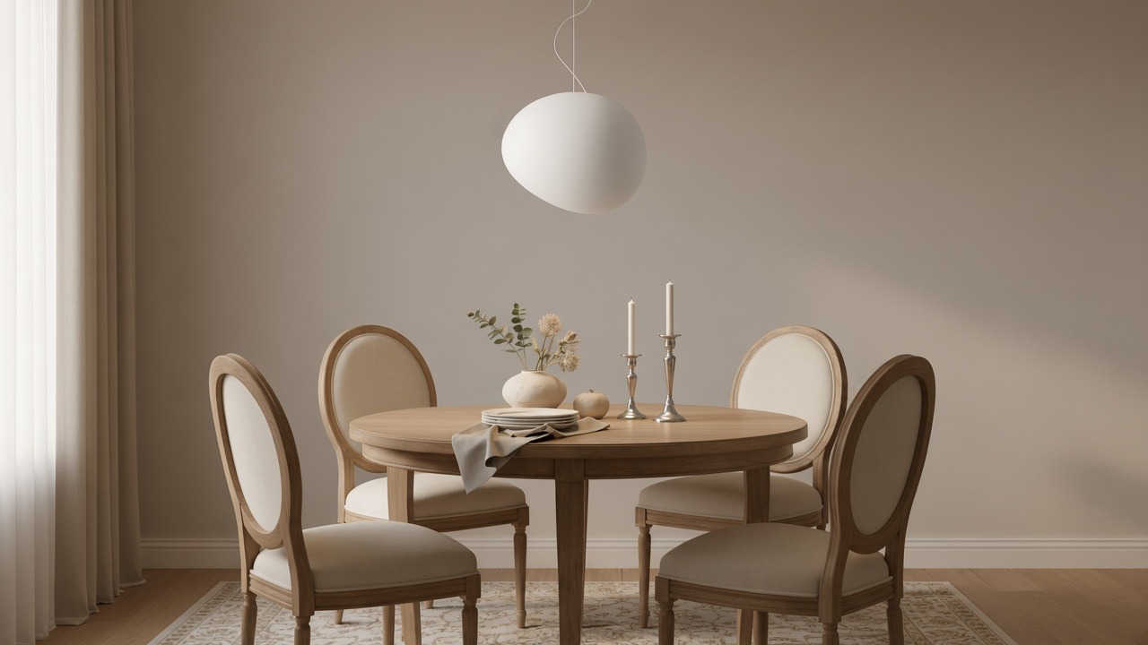 Colgante de guijarro blanco sobre una mesa de comedor redonda, con interior de cristal mate y oscuro.