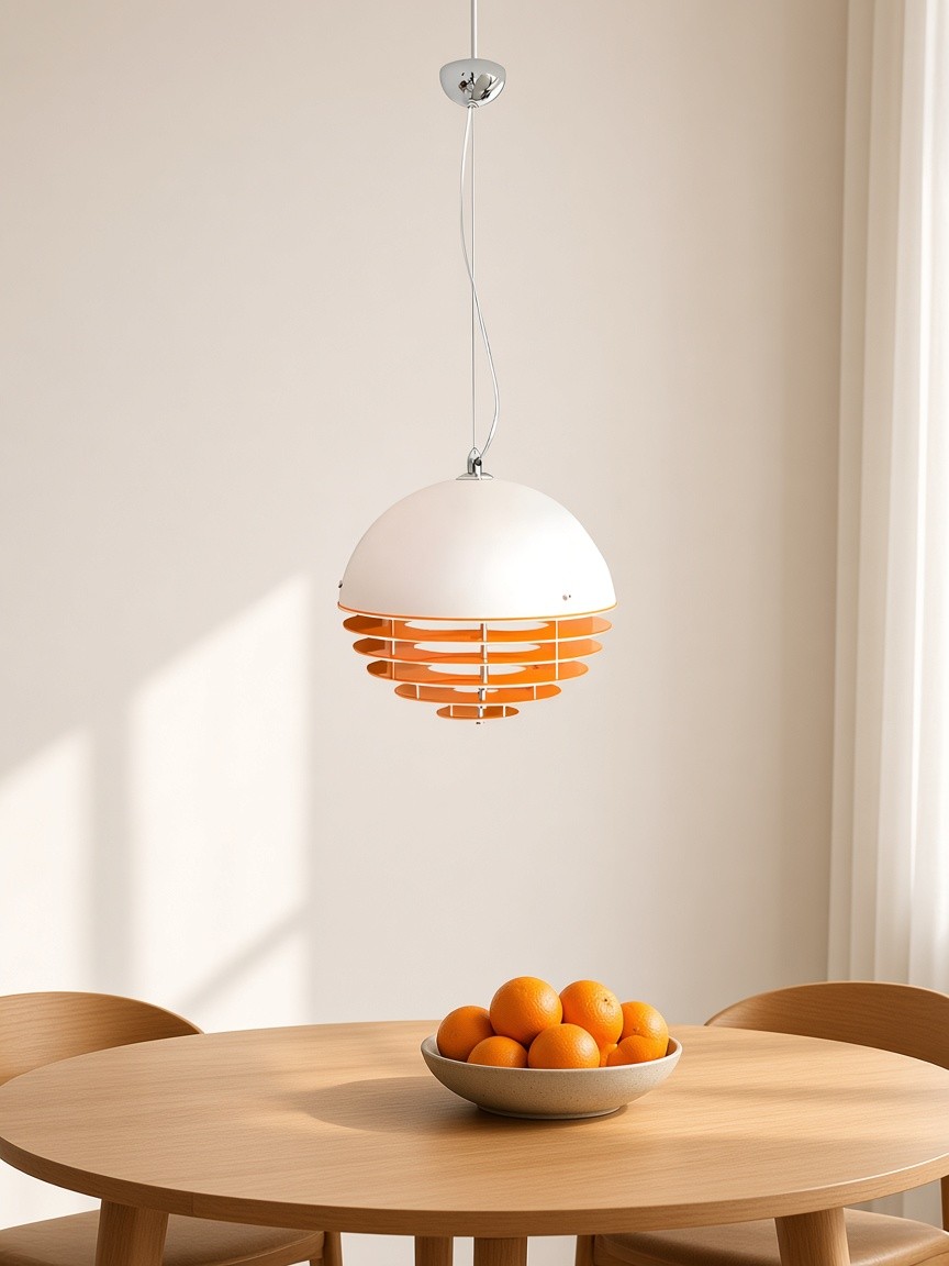 Lámpara de capas blanco y naranja sobre el comedor