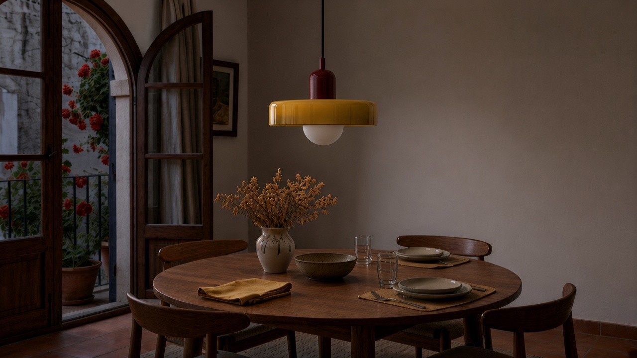 Lampadario a sospensione a disco giallo-rosso sopra un tavolo da pranzo, sfera di vetro bianco spenta
