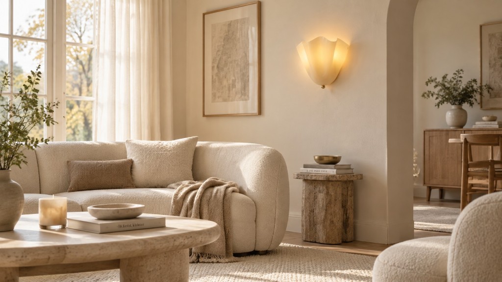 Aplique de cristal beige translúcido iluminado en un salón crema