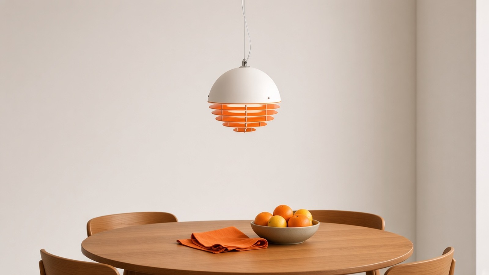 Lámpara colgante de acrílico blanco y naranja sobre una mesa de comedor
