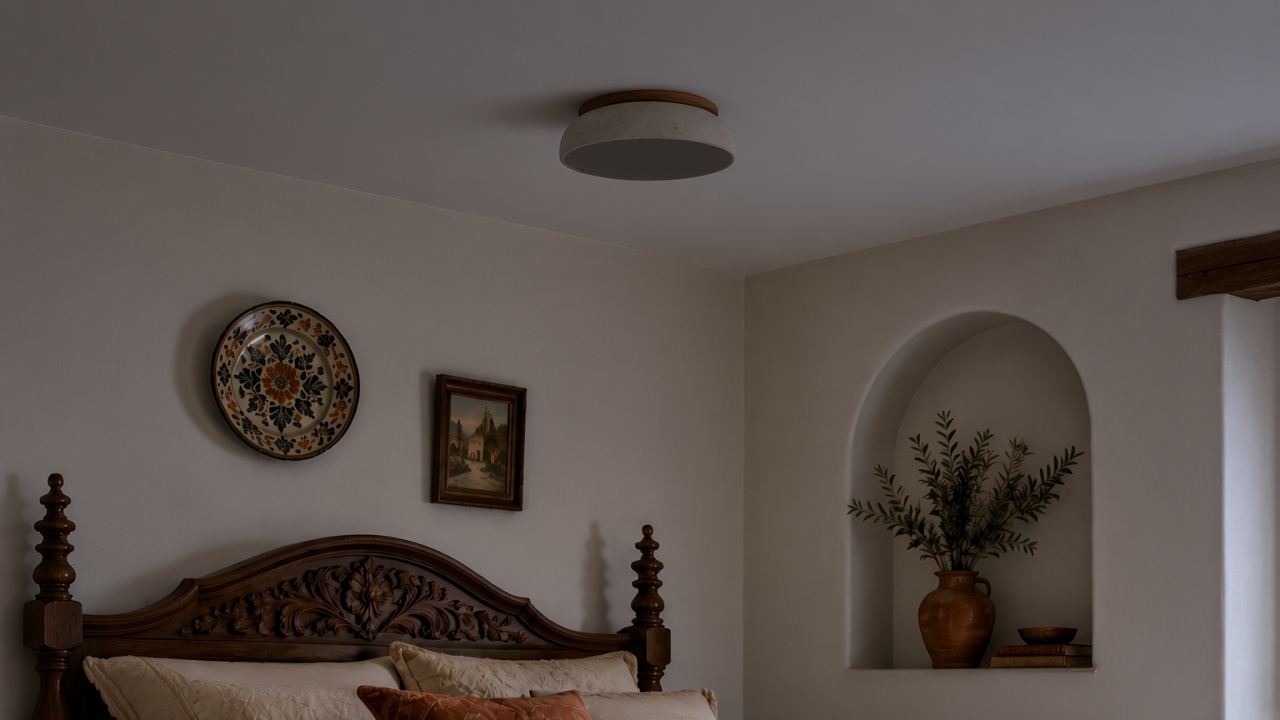 Plafón de travertino apagado en un dormitorio, disco de acrílico oscuro