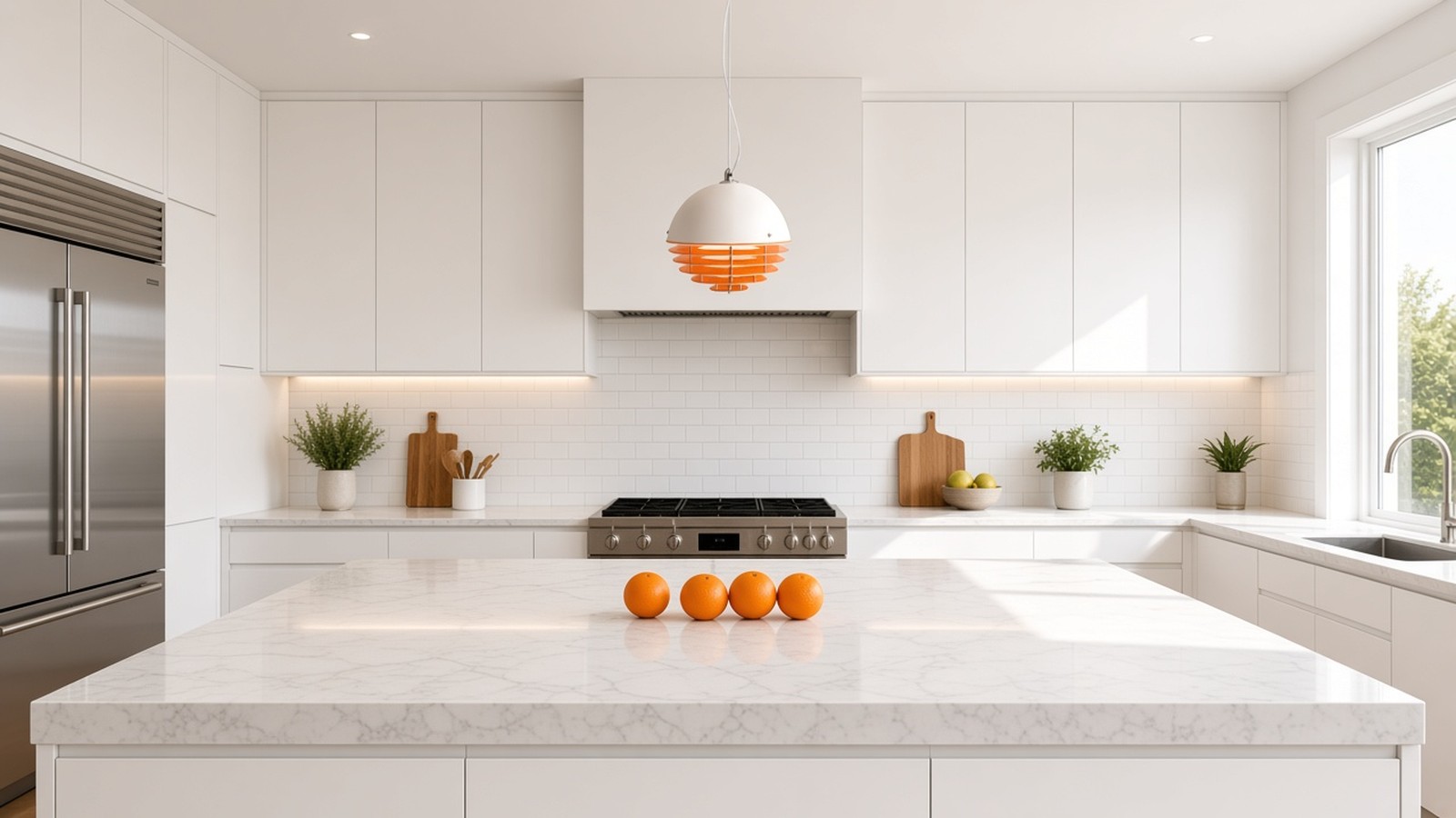 Lámpara de capas blanco y naranja sobre una isla de cocina