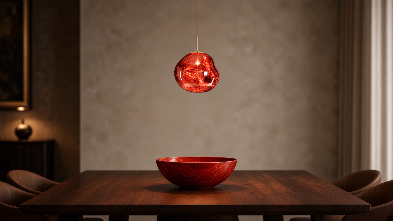Colgante de lava roja sobre la mesa
