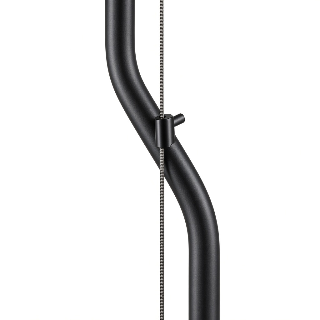 Close-up of the black bent rod holding the steel cable