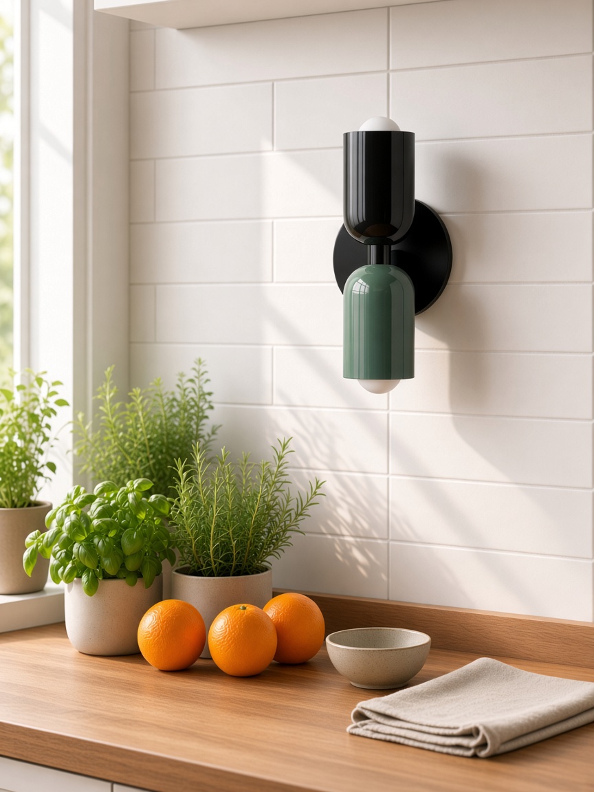 Black+Green sconce in kitchen