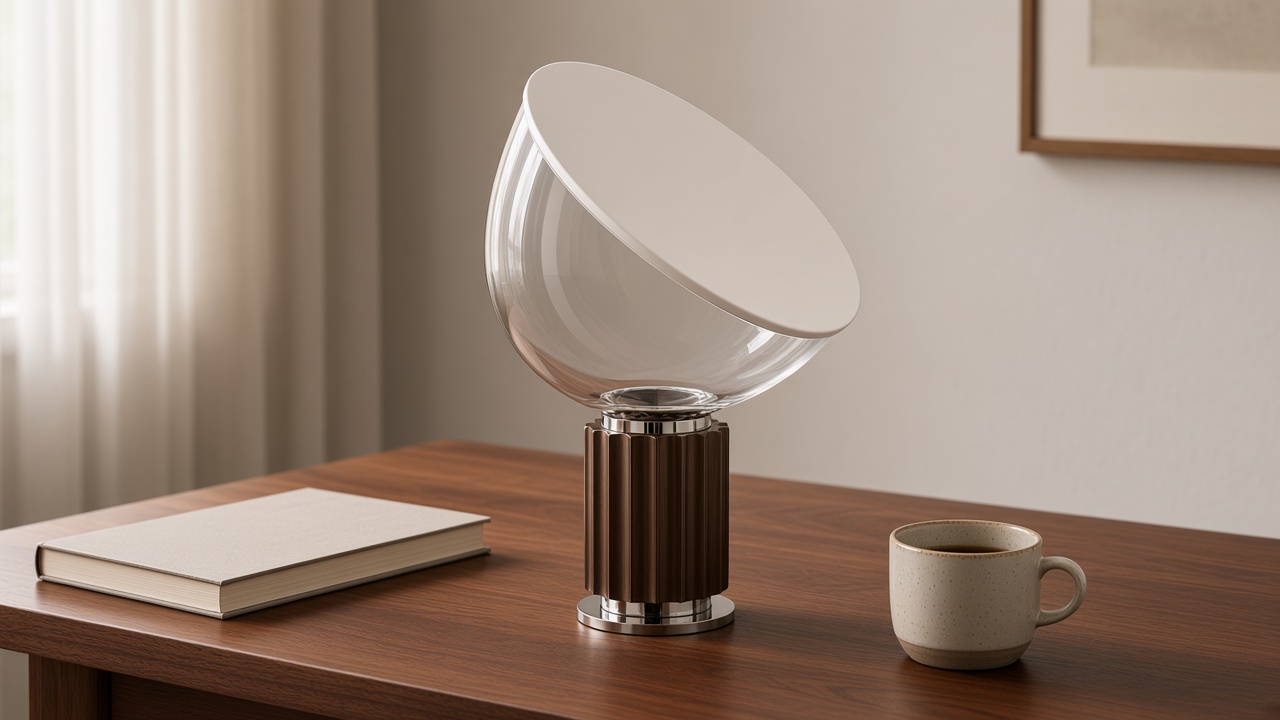 Eine bronzefarbene Glasschalen-Tischleuchte auf einem Schreibtisch