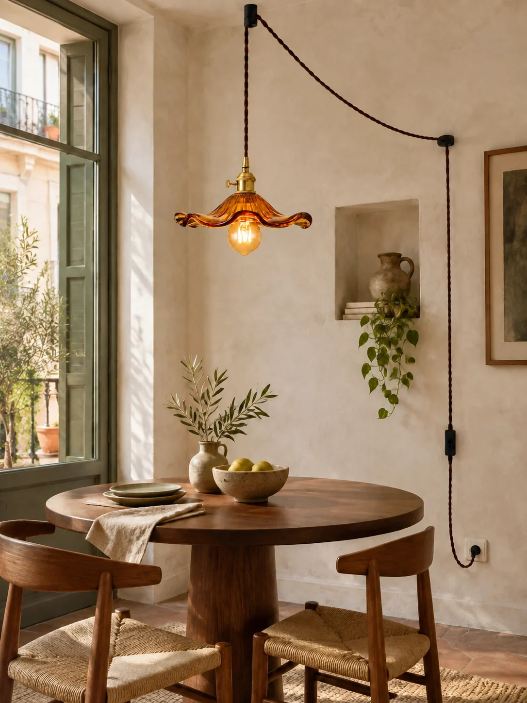Inspiración: lámpara floral de vidrio ámbar con cable visible hasta el enchufe en un comedor mediterráneo.