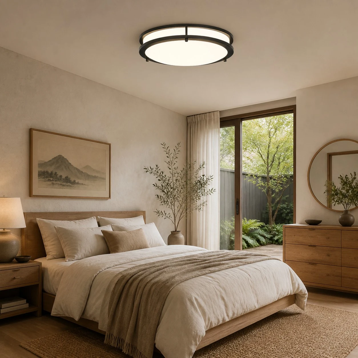 Bauhaus ceiling light installed in a bedroom with full fixture visible